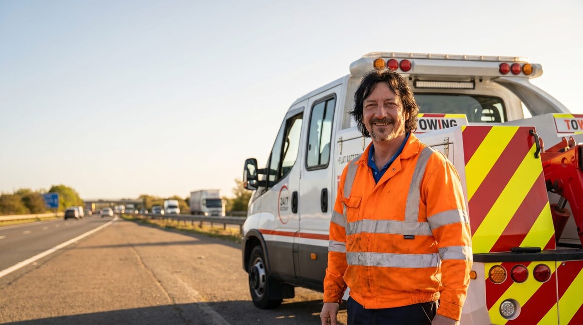 A Breakdown Man technician in hi-vis stood beside the Breakdown Man 24/7 recovery truck on the motorway at sunset, covering Hindley.