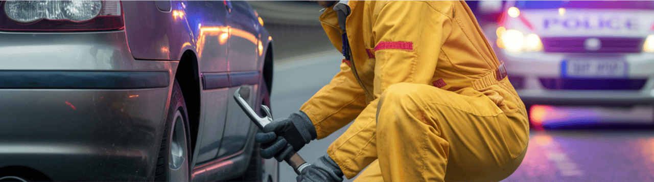 A man changing a tyre on a motorway with police car in background.