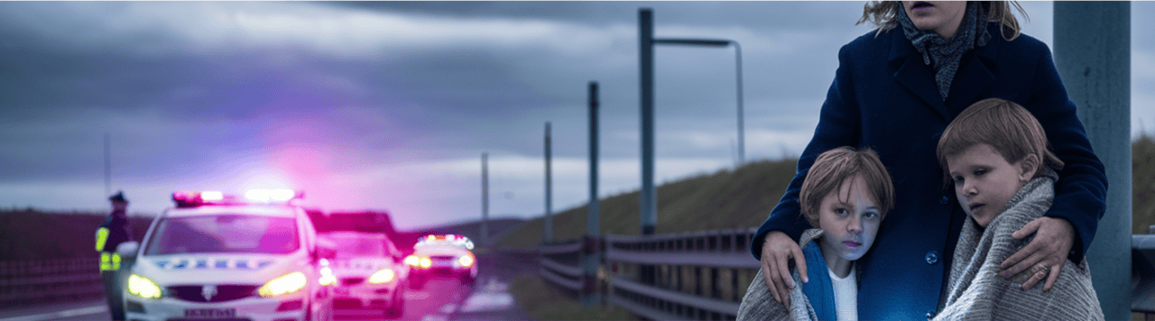 A broken down car on the motorway with a family on the hard shoulder.