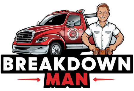 A logo featuring a breakdown truck and a man wearing a white shirt and the words Breakdown Man.