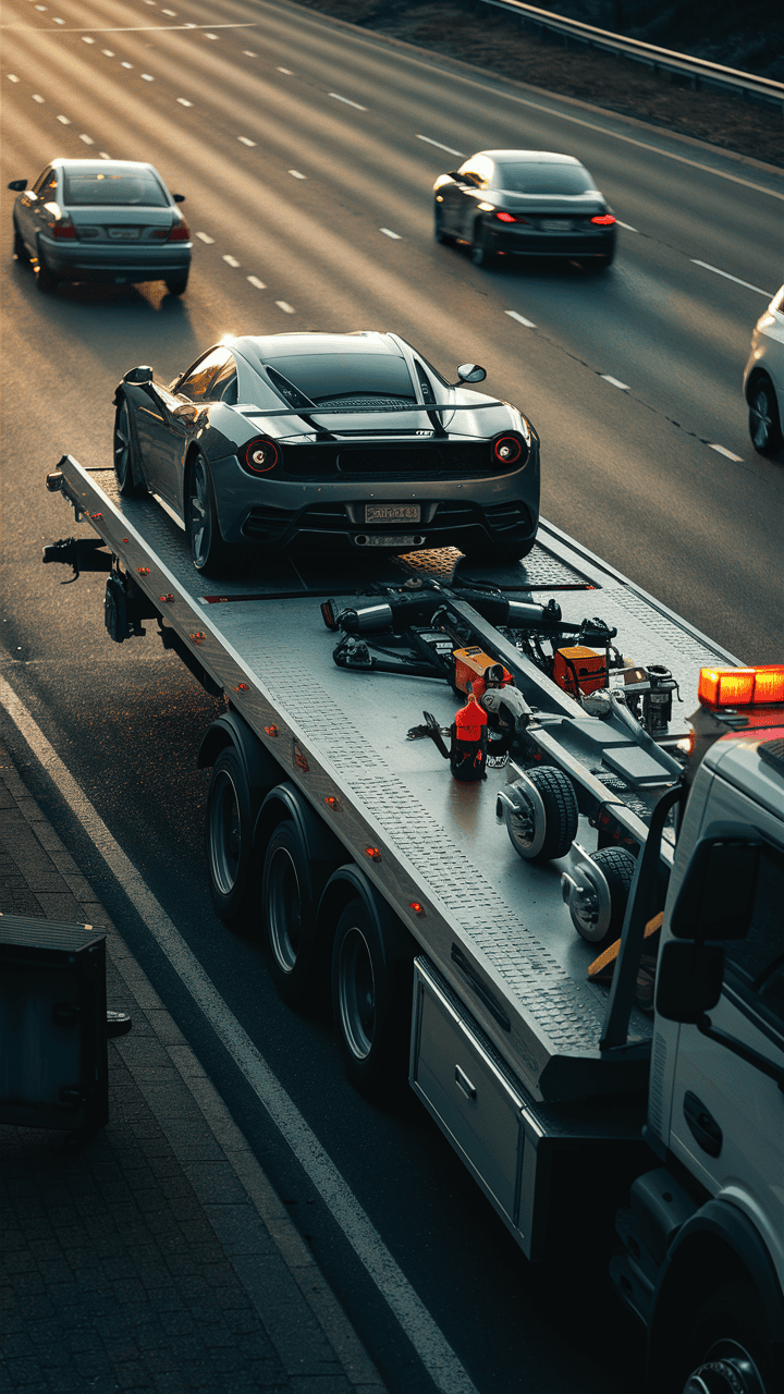 A vehicle on the back of a tow truck.